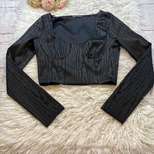 Zara Black Animal Print Long Sleeve Bustier Top sz S